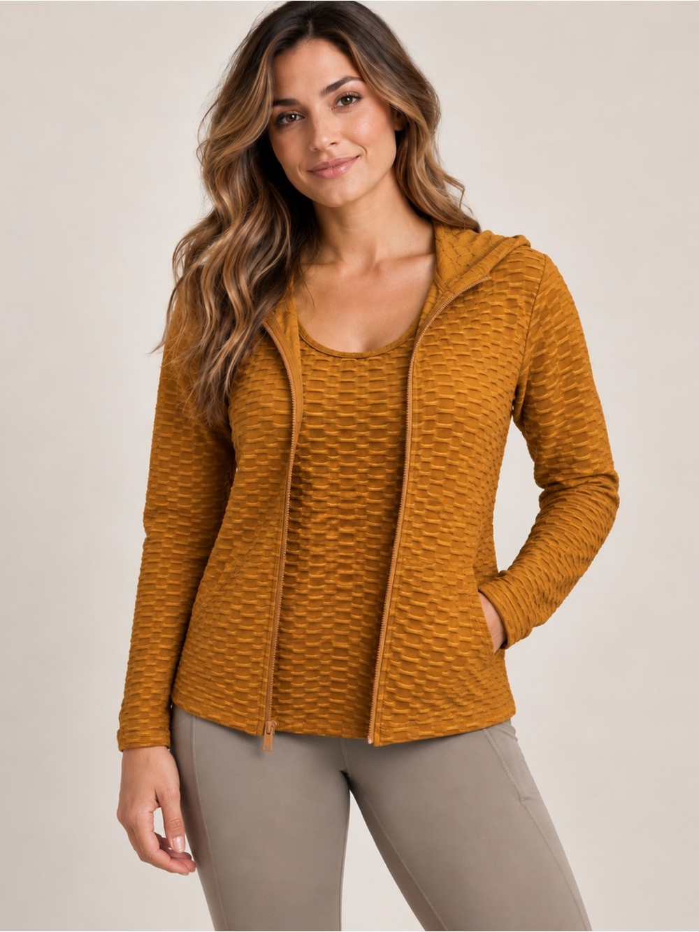 Miu Miu Mustard Textured Zip Hoodie with Matching Tank